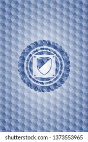 armor icon inside blue emblem or badge with abstract geometric polygonal pattern background.