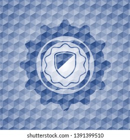 armor icon inside blue emblem or badge with geometric pattern background.