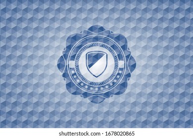 armor icon inside blue emblem or badge with abstract geometric pattern background.