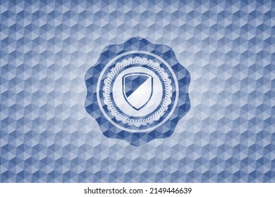 armor icon inside blue emblem or badge with abstract geometric pattern background. 