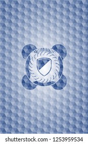 armor icon inside blue hexagon badge.