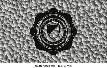 armor icon inside dark emblem with grey bubbles background. Retro. Vector Illustration. Detailed.