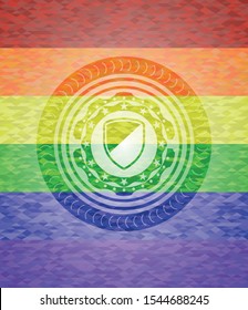 armor icon inside emblem on mosaic background with the colors of the LGBT flag