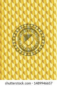 armor icon inside gold badge. Scales pattern. Vector Illustration. Detailed.