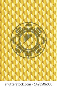 armor icon inside gold emblem. Scales pattern. Vector Illustration. Detailed.