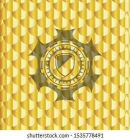 armor icon inside gold emblem or badge. Scales pattern. Vector Illustration. Detailed.