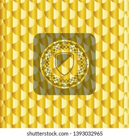 armor icon inside gold shiny badge. Scales pattern. Vector Illustration. Detailed.