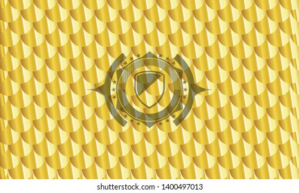 armor icon inside gold shiny emblem. Scales pattern. Vector Illustration. Detailed.
