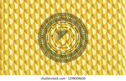 armor icon inside gold shiny badge. Scales pattern. Vector Illustration. Detailed.