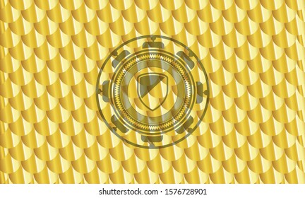 armor icon inside golden badge or emblem. Scales pattern. Vector Illustration. Detailed.
