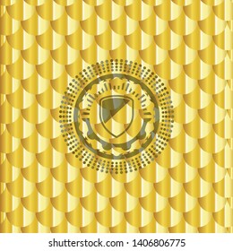 armor icon inside golden emblem or badge. Scales pattern. Vector Illustration. Detailed.