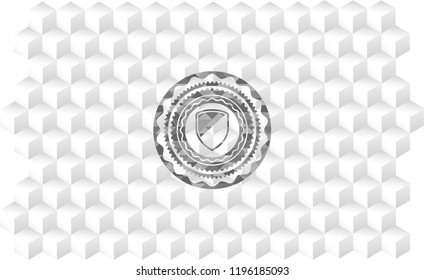 armor icon inside grey badge with geometric cube white background