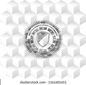 armor icon inside grey emblem with cube white background