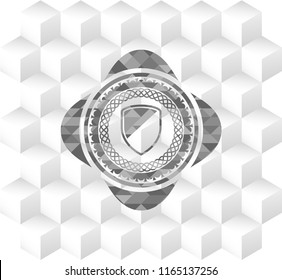 armor icon inside grey icon or emblem with geometric cube white background