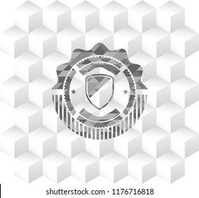 armor icon inside grey icon or emblem with geometric cube white background