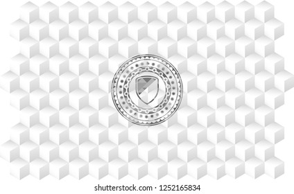 armor icon inside grey emblem with cube white background