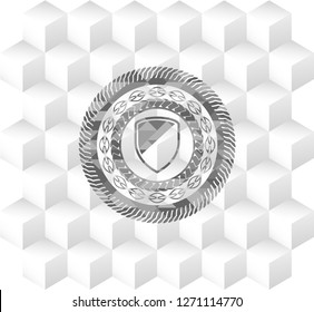 armor icon inside grey emblem. Vintage with geometric cube white background