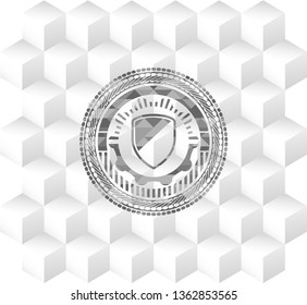 armor icon inside grey emblem. Retro with geometric cube white background