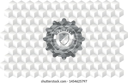 armor icon inside grey emblem with geometric cube white background