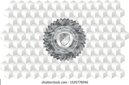 armor icon inside grey emblem. Vintage with geometric cube white background