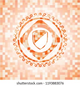 armor icon inside orange tile background illustration. Square geometric mosaic seamless pattern with emblem inside.