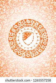 armor icon inside orange tile background illustration. Square geometric mosaic seamless pattern with emblem inside.
