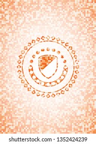 armor icon inside orange tile background illustration. Square geometric mosaic seamless pattern with emblem inside.