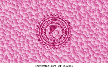 armor icon inside pink badge with bubbles background. Vector Illustration. Detailed. 
