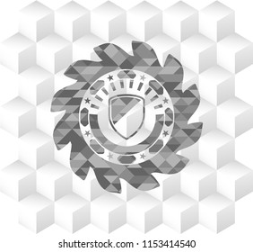 armor icon inside realistic grey emblem with cube white background