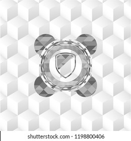 armor icon inside realistic grey emblem with geometric cube white background