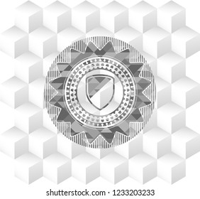 armor icon inside realistic grey emblem with geometric cube white background