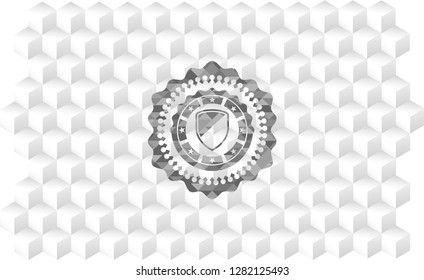 armor icon inside realistic grey emblem with cube white background