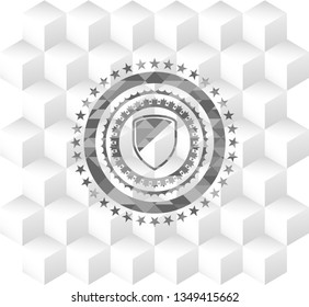armor icon inside realistic grey emblem with cube white background