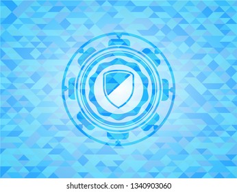 armor icon inside realistic sky blue emblem. Mosaic background