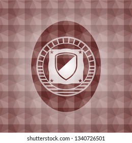 armor icon inside red emblem or badge with abstract geometric pattern background. Seamless.