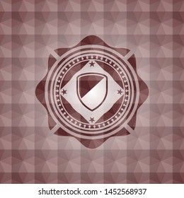 armor icon inside red emblem or badge with abstract geometric polygonal pattern background. Seamless.