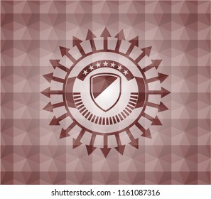 armor icon inside red seamless geometric pattern emblem. Seamless.
