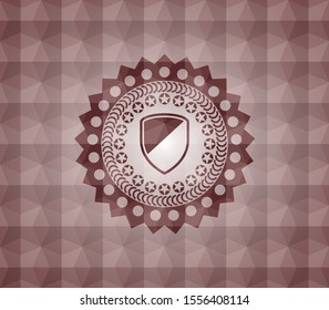 armor icon inside red seamless emblem with geometric pattern.