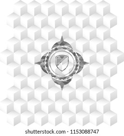 armor icon inside retro style grey emblem with geometric cube white background