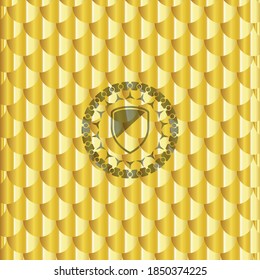 armor icon inside shiny golden emblem. Scales pattern. Vector Illustration. Detailed. 