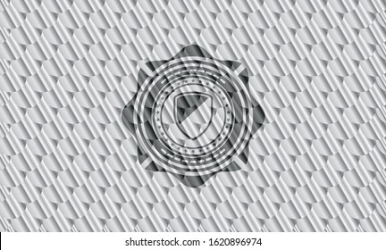 armor icon inside shiny silver emblem. Scales pattern. Vector Illustration. Detailed.