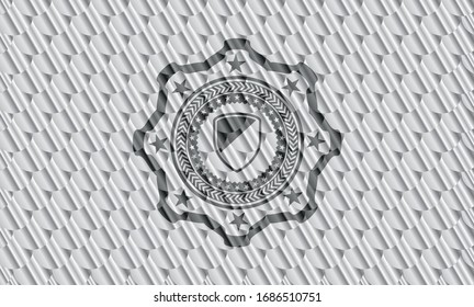 armor icon inside silver color badge. Scales pattern. Vector Illustration. Detailed.