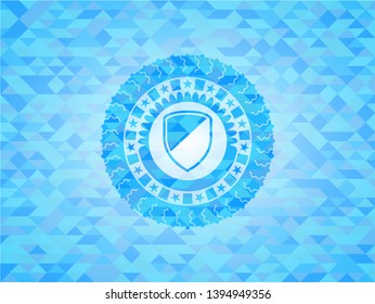 armor icon inside sky blue emblem. Mosaic background