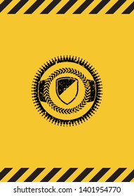 armor icon inside warning sign, black grunge emblem. Vector Illustration. Detailed.