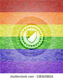 armor icon on mosaic background with the colors of the LGBT flag