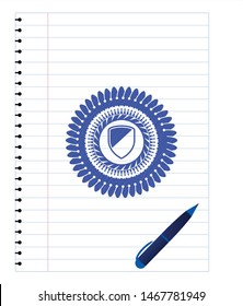 armor icon pen draw. Blue ink. Vector Illustration. Detailed.