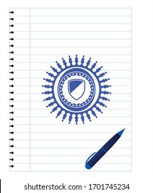 armor icon with pen strokes. Blue ink. Vector Illustration. Detailed.