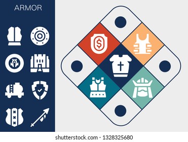 armor icon set. 13 filled armor icons.  Simple modern icons about  - Armour, Shield, Lance, Tank, Medieval, Bulletproof, Samurai