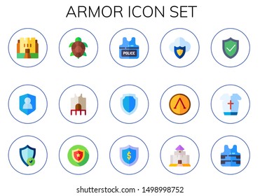 armor icon set. 15 flat armor icons.  Collection Of - medieval, shield, turtle, police vest, armour
