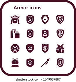 Armor Icon Set. 16 Filled Armor Icons.  Simple Modern Icons Such As: Samurai, Shield, Tank, Kendo, Armour, Lance